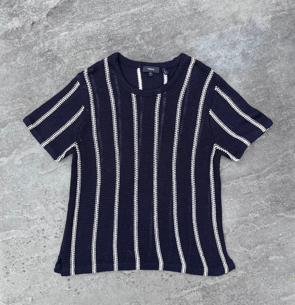 Theory Emmeris Ibisco Striped Cotton Knit Sweater Shirt Navy Blue White Sz M